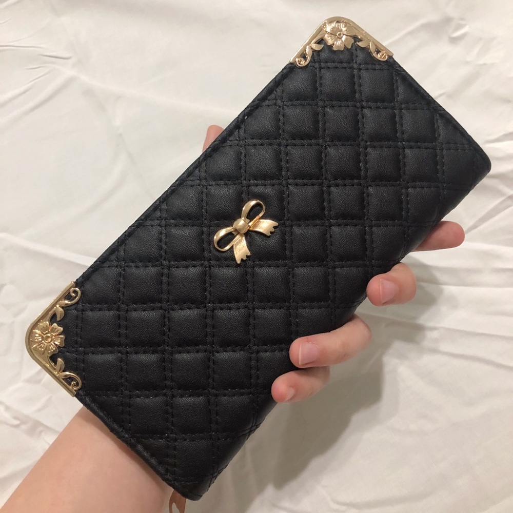 Black Leather Clutch Purse Gold Detail with Zipper